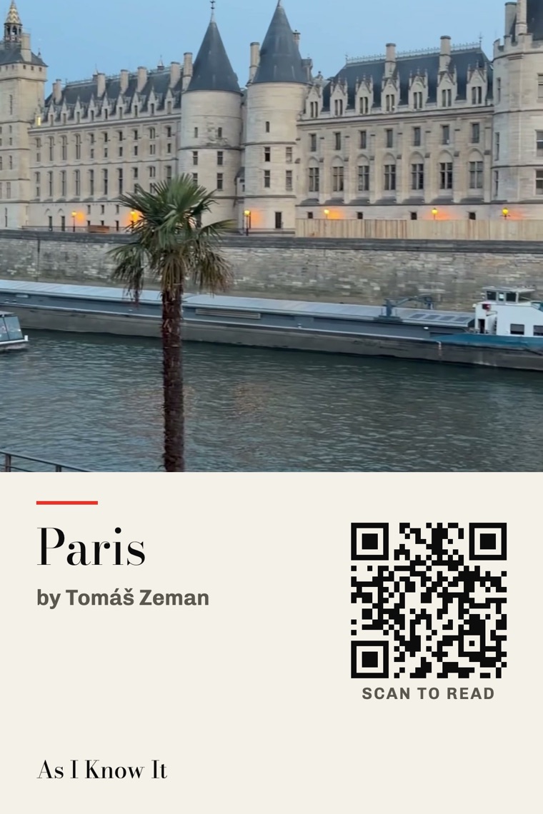 The Paris guide's guest card: the Conciergerie, Paris by Tomáš Zeman, and a code to scan